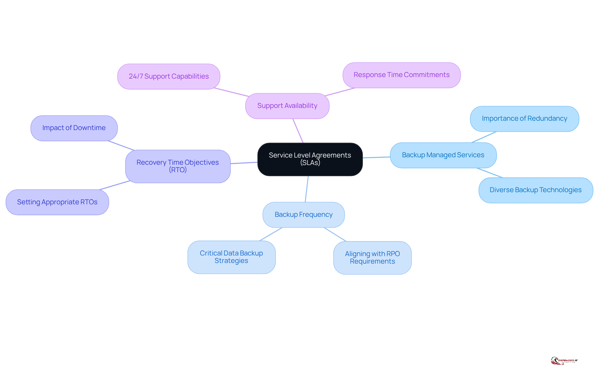 The center represents SLAs, and each branch shows a critical component that organizations should review. This helps you understand what to look for in an SLA.
