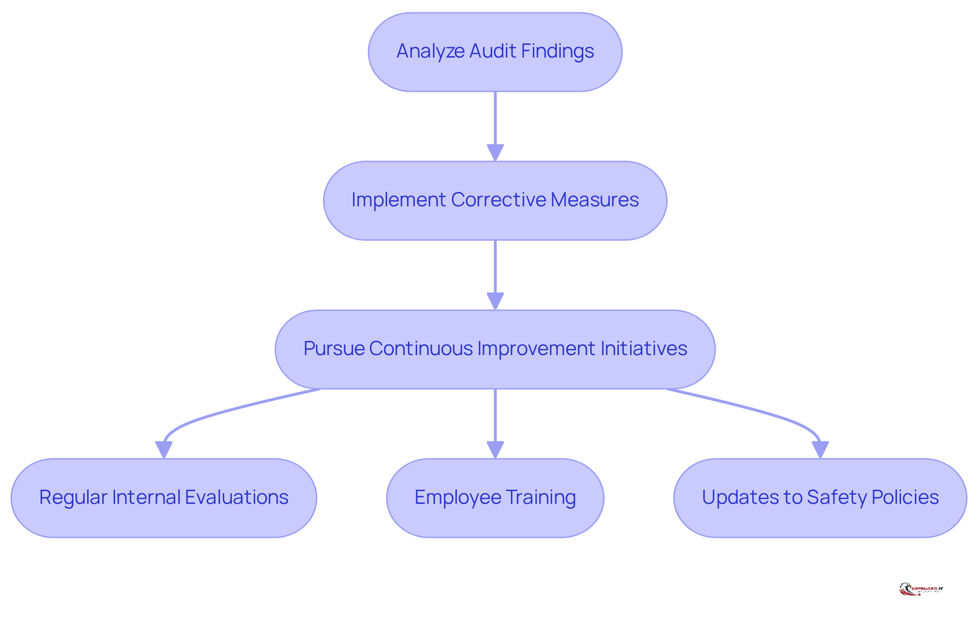 Follow the arrows to see the steps organizations should take after an audit. Each box represents a key action, and the sub-boxes show specific initiatives that support continuous improvement.