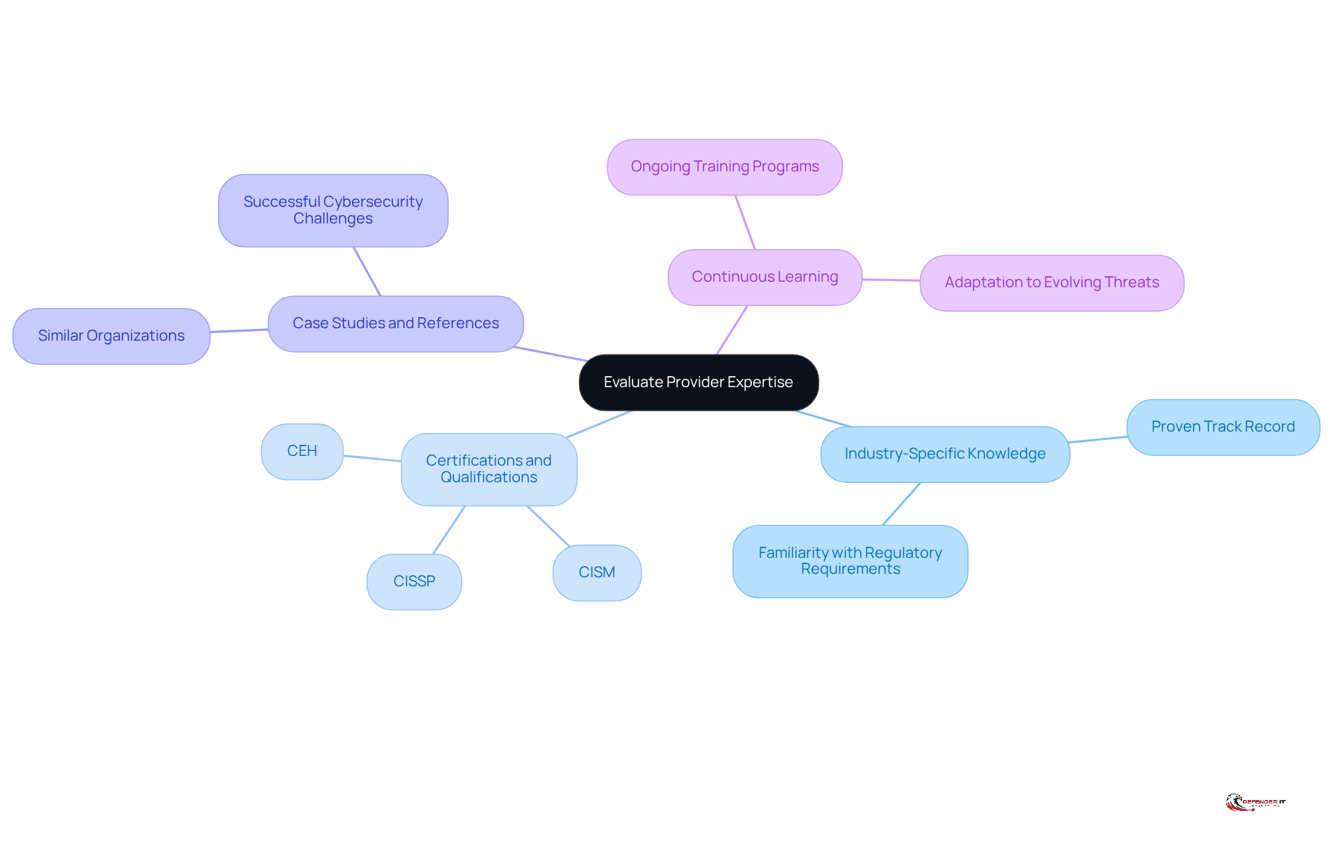 Start at the center with the main evaluation theme, then follow the branches to explore each criterion that organizations should consider when selecting a security service provider.
