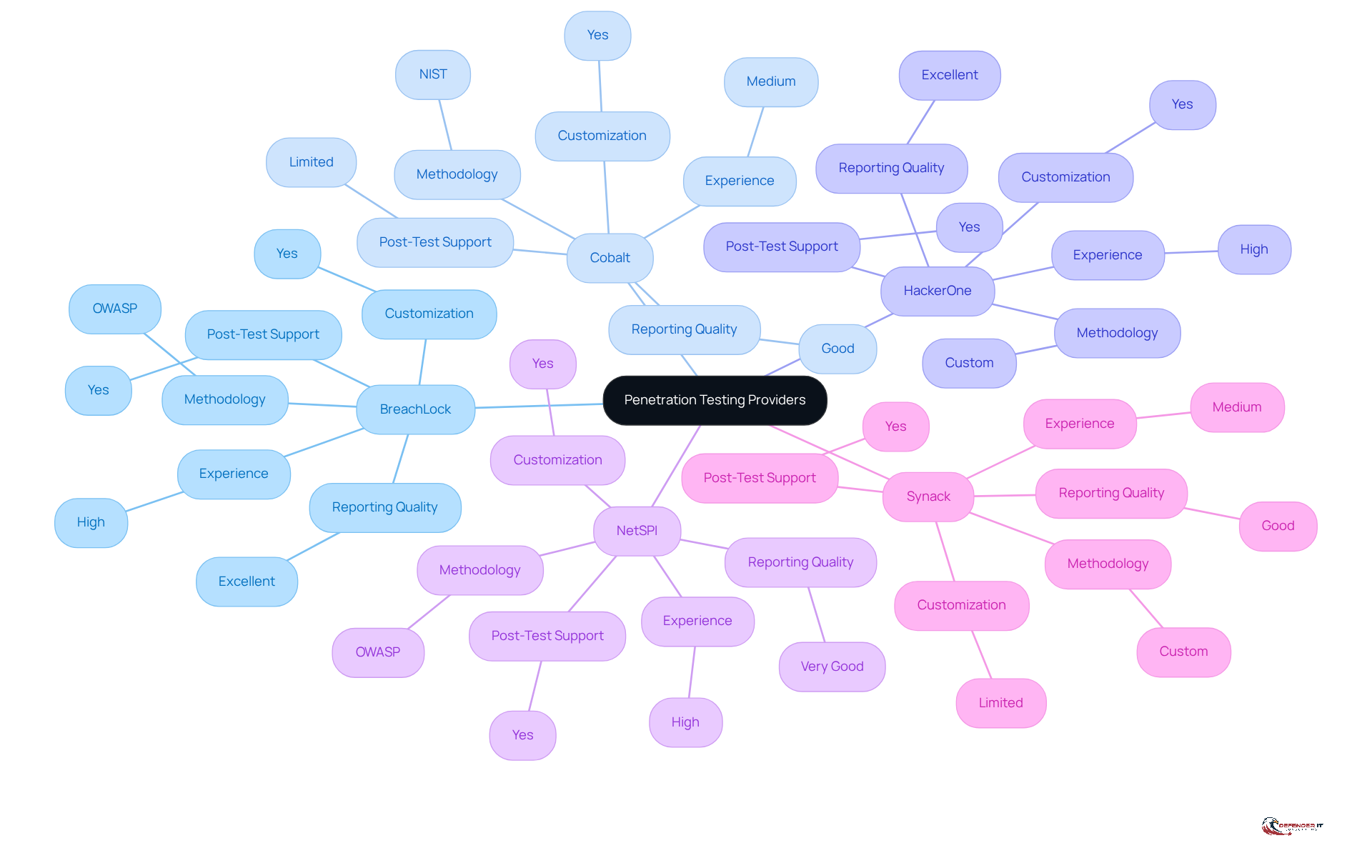 Each branch represents a different provider, and the sub-branches show their key attributes. This layout helps you quickly compare how each provider stands out in various areas.